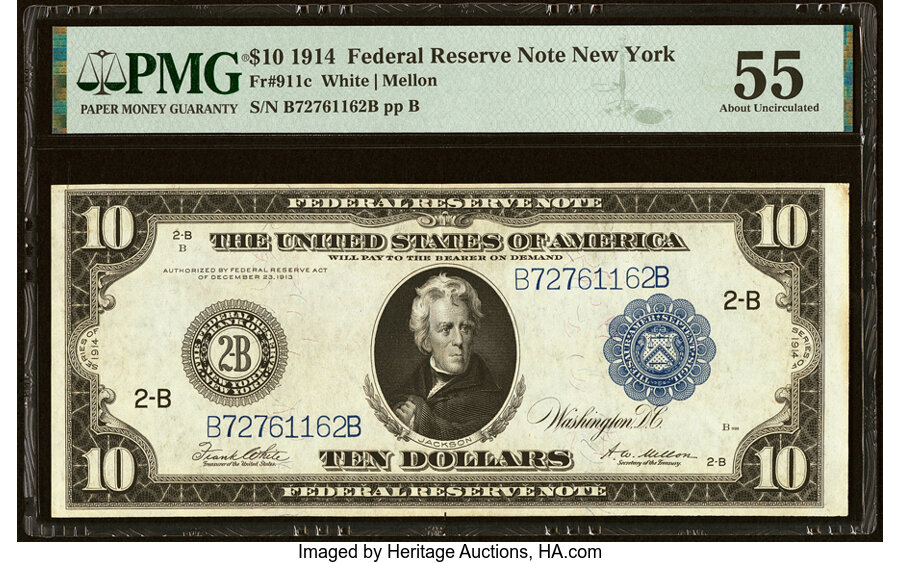 image for: Fr. 911c $10 1914 Federal Reserve Note PMG About Uncirculated 55....