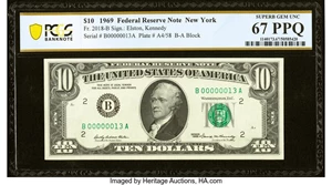 image for: Low Serial Number 13 Fr. 2018-B $10 1969 Federal Reserve Note. PCGS Banknote Superb Gem Unc 67 PPQ....