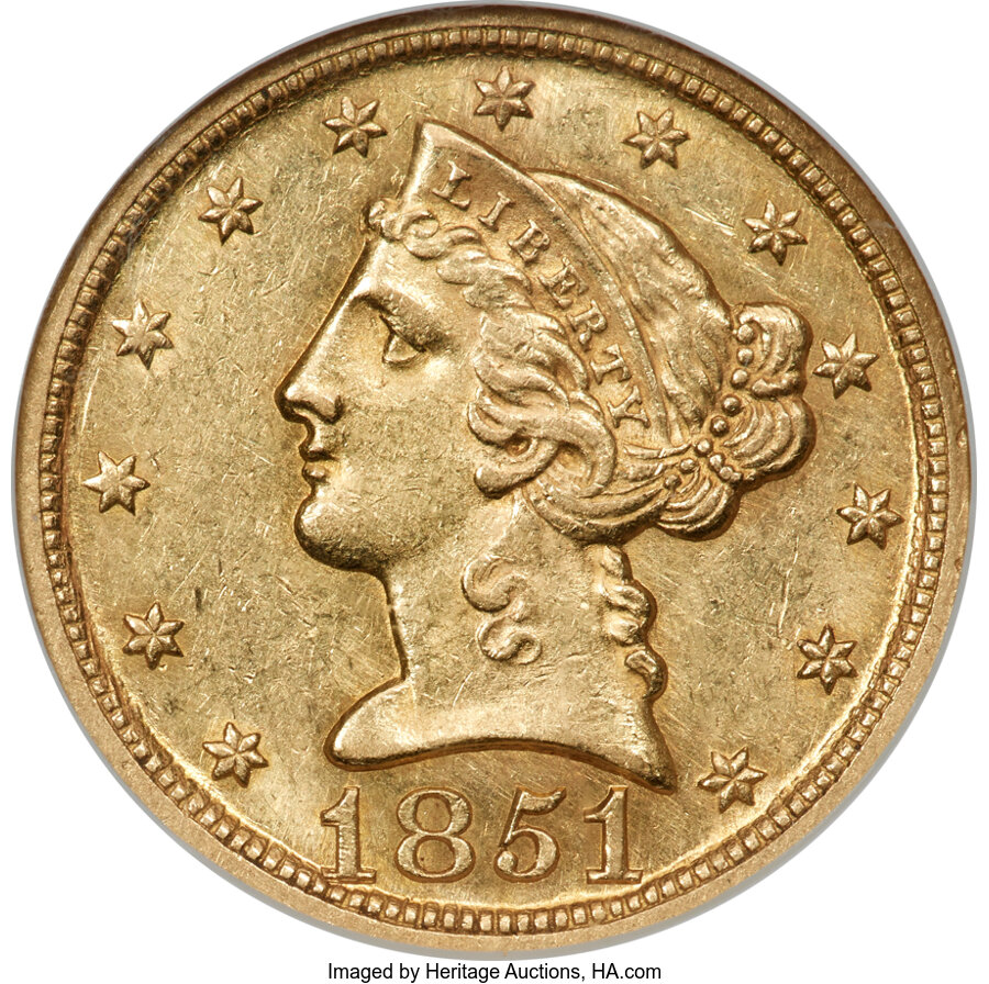 image for: 1851-D $5 Weak D MS60 NGC. Winter 31-U....