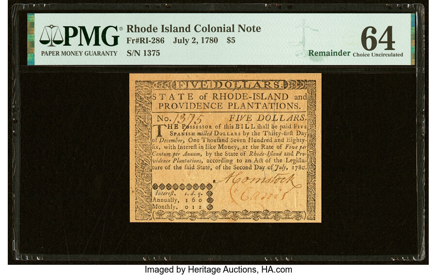 image for: Rhode Island July 2, 1780 $5 Remainder PMG Choice Uncirculated 64....