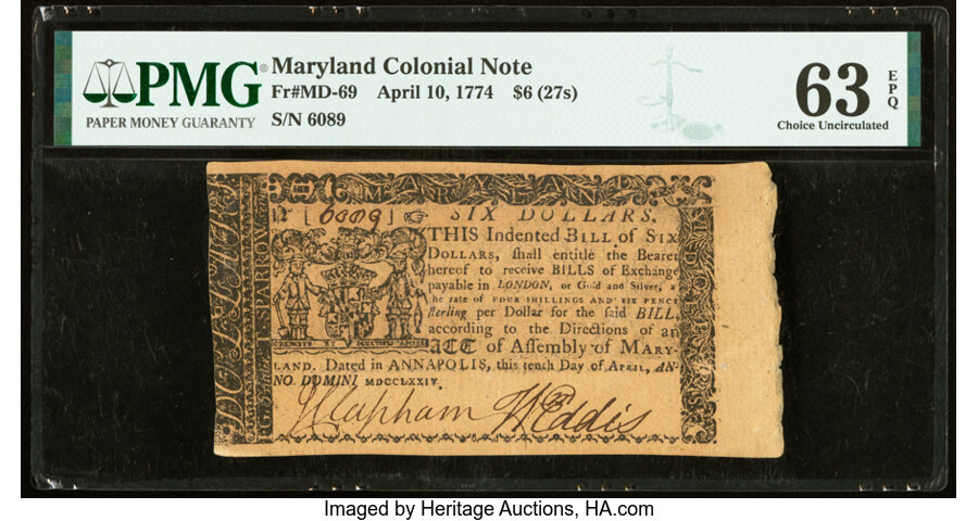 image for: Maryland April 10, 1774 $6 PMG Choice Uncirculated 63 EPQ....