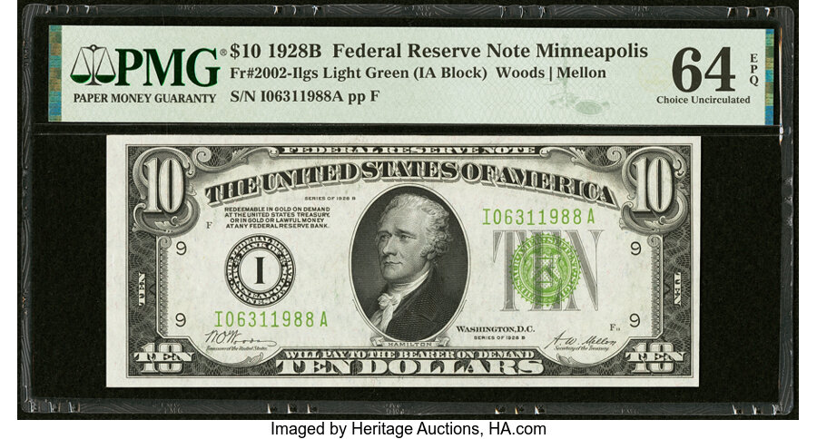 image for: Fr. 2002-I $10 1928B Light Green Seal Federal Reserve Note. PMG Choice Uncirculated 64 EPQ....