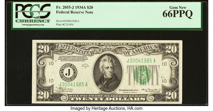 image for: Fr. 2055-J $20 1934A Federal Reserve Note. PCGS Gem New 66PPQ....