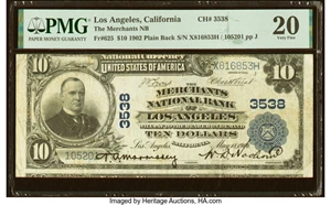 image for: Los Angeles, CA - $10 1902 Plain Back Fr. 625 The Merchants National Bank Ch. # 3538 PMG Very Fine 20....