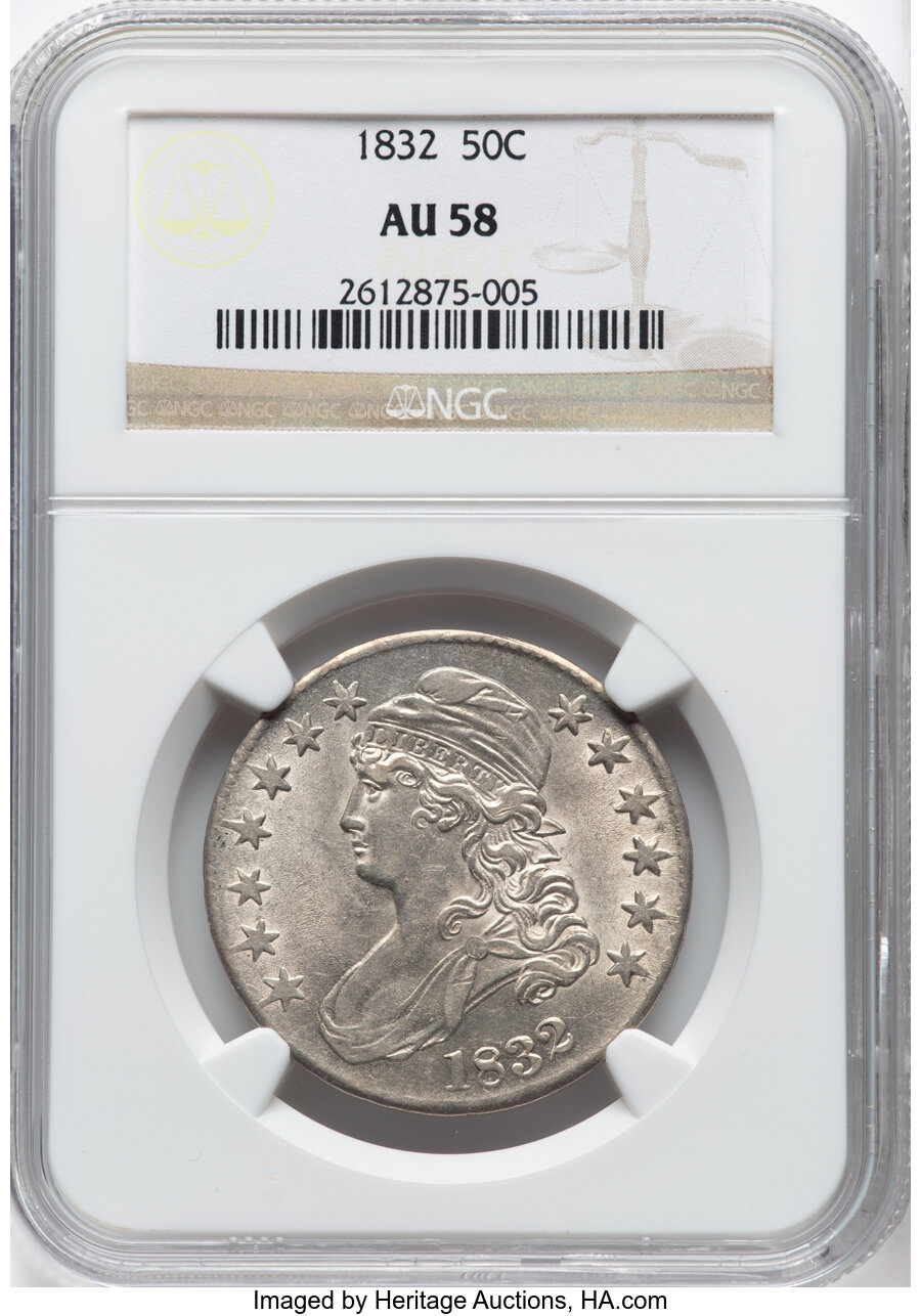 image for: 1832 50C Small Letters, O-107, R.2, AU58 NGC.  Mintage 4,797,000....