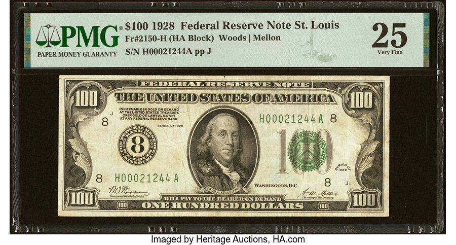 image for: Fr. 2150-H $100 1928 Federal Reserve Note. PMG Very Fine 25....