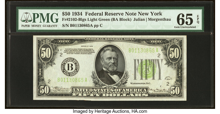 image for: Fr. 2102-B $50 1934 Light Green Seal Federal Reserve Note. PMG Gem Uncirculated 65 EPQ....