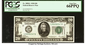 image for: Fr. 2050-L $20 1928 Federal Reserve Note. PCGS Gem New 66PPQ....