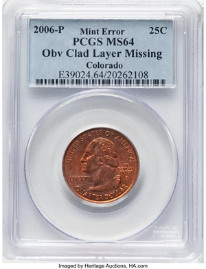 image for: 2006-P 25C Colorado Quarter -- Obverse Clad Layer Missing -- MS64 PCGS. PCGS Population: (12/385)....