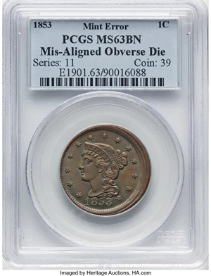 image for: 1853 1C Mature Head Cent, N-19, R.1 -- Misaligned Obverse Die -- MS63 Brown PCGS....