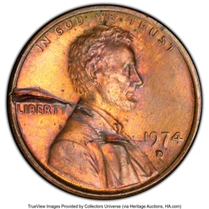 image for: 1974-D 1C Lincoln Cent -- Defective Planchet -- MS63 Red and Brown PCGS. PCGS Population: (32/104 and 0/0+)....