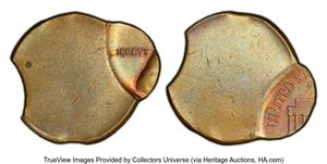 image for: (1959-82) 1C Lincoln Cent -- Struck 90% Off-Center, 7% Triple Clipped -- MS62 Brown PCGS. PCGS Population: (9/51 and 0/0+)....