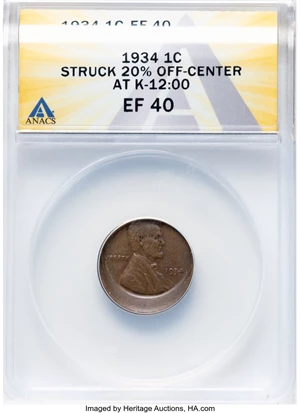 image for: 1934 1C Lincoln Cent -- Struck 20% Off-Center at K-12:00 -- XF40 ANACS. Mintage 219,080,000....