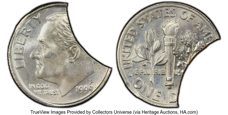 image for: 1999-P 10C Roosevelt Dime -- 20% Curved Clip & Rim Clip -- MS66 PCGS. PCGS Population: (55/236 and 0/0+)....