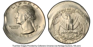 image for: 1985-P 25C Washington Quarter -- Struck 15% Off-Center, 2% Clip -- MS64 PCGS. Mintage 775,818,962....