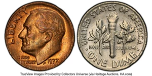 image for: 1977 10C Roosevelt Dime -- Obverse Clad Layer Missing -- MS63 PCGS. PCGS Population: (5/440 and 0/8+). Mintage 796,930,000...