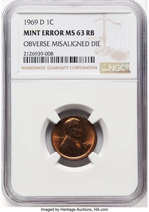 image for: 1969-D 1C Lincoln Cent -- Obverse Misaligned Die -- MS63 Red and Brown NGC. NGC Census: (0/0)....