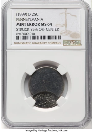 image for: (1999)-D 25C Pennsylvania Quarter -- Struck 75% Off Center -- MS64 NGC....