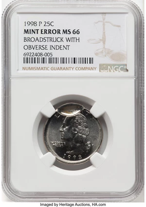 image for: 1998-P 25C Washington Quarter -- Broadstruck with Obverse Indent -- MS66 NGC....