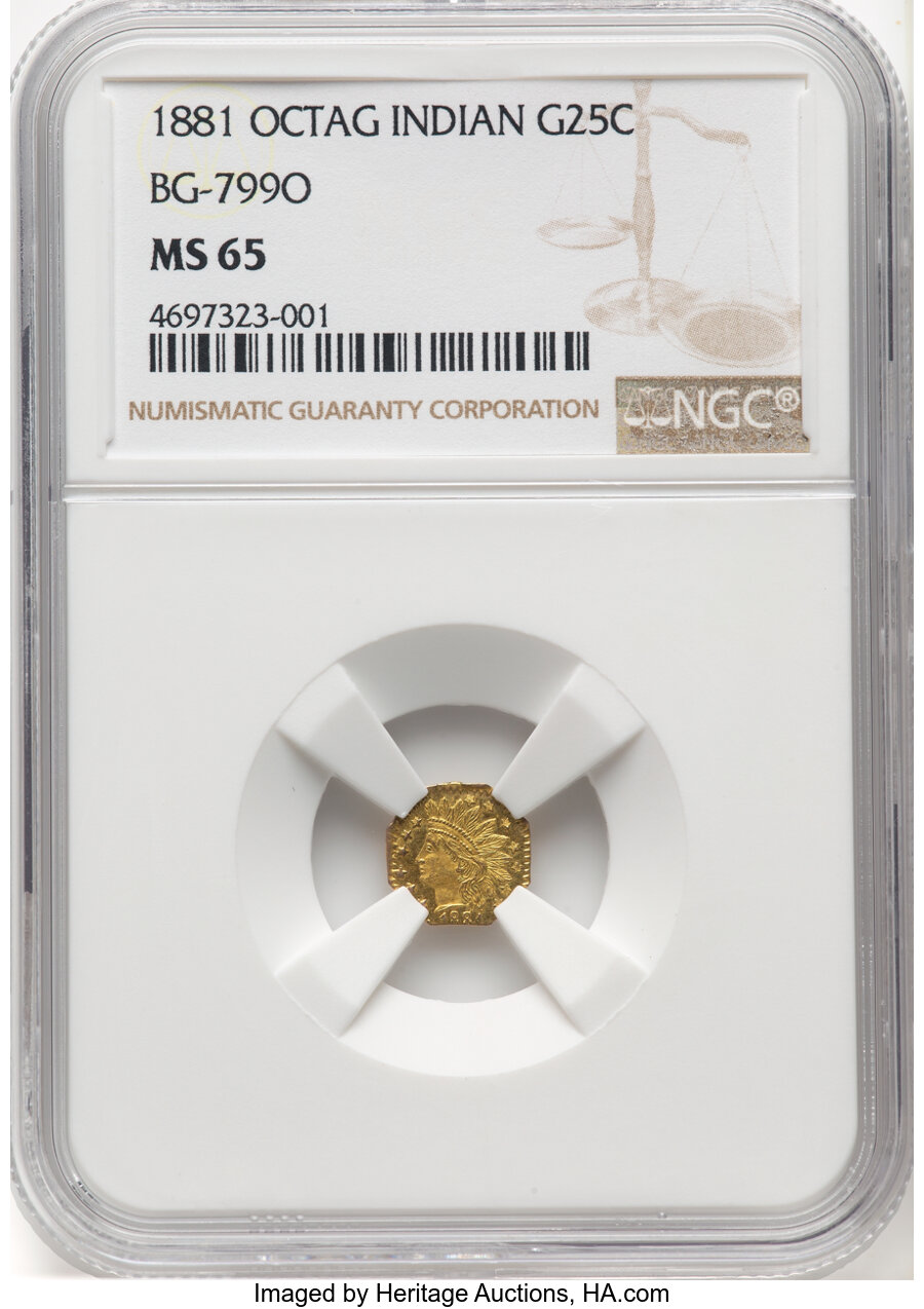 image for: 1881 25C Indian Octagonal 25 Cents, BG-799O, Low R.4, MS65 NGC. NGC Census: (6/6).  ...