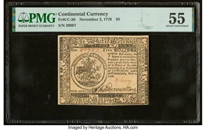 image for: Continental Currency November 2, 1776 $5 PMG About Uncirculated 55....