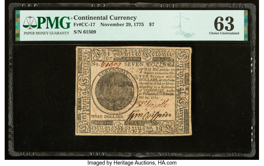 image for: Continental Currency November 29, 1775 $7 PMG Choice Uncirculated 63....