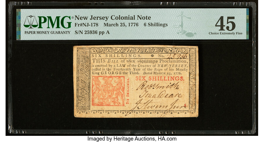 image for: New Jersey March 25, 1776 6s PMG Choice Extremely Fine 45....