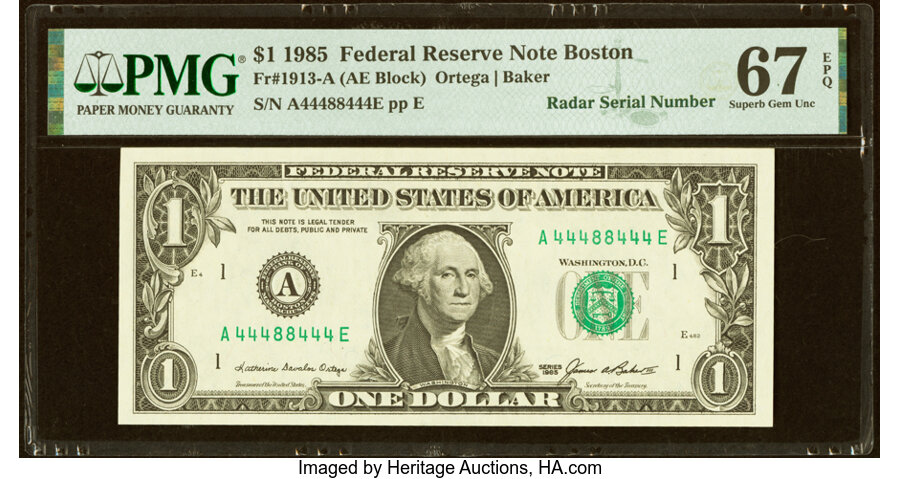 image for: Fancy Radar Serial Number 44488444 Fr. 1913-A $1 1985 Federal Reserve Note. PMG Superb Gem Unc 67 EPQ....