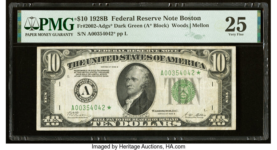 image for: Fr. 2002-A* $10 1928B Federal Reserve Star Note. PMG Very Fine 25....