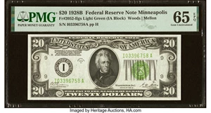 image for: Fr. 2052-I $20 1928B Light Green Seal Federal Reserve Note. PMG Gem Uncirculated 65 EPQ....