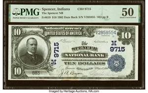 image for: Spencer, IN - $10 1902 Date Back Fr. 619 The Spencer National Bank Ch. # (M)9715 PMG About Uncirculated 50....