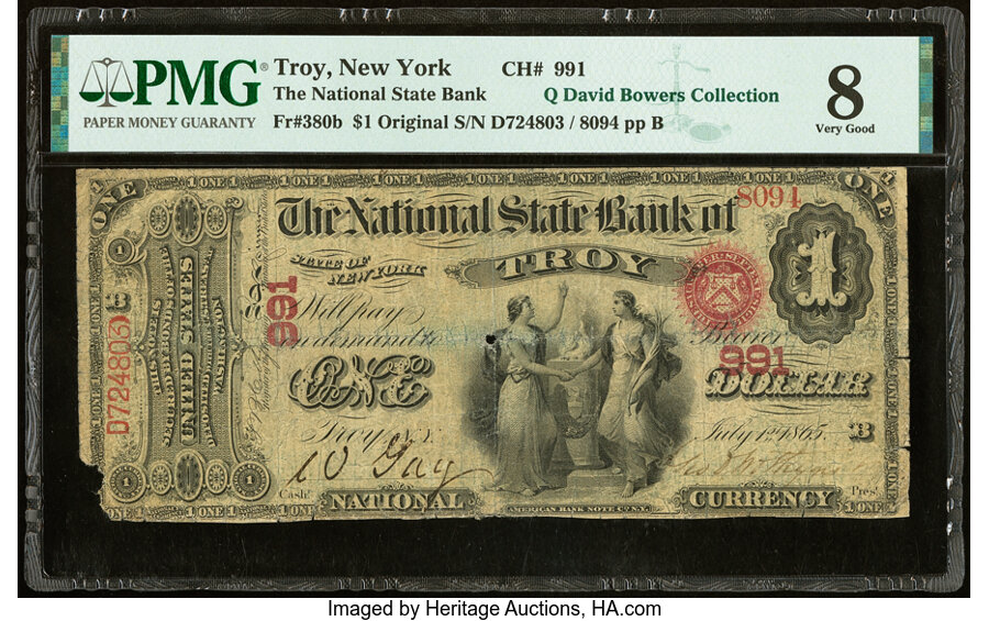 image for: Troy, NY - $1 1875 Fr. 380b The National State Bank Ch. # 991 PMG Very Good 8....
