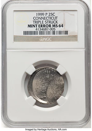 image for: 1999-P 25C Connecticut Statehood Quarter -- Triple Struck -- MS64 NGC....