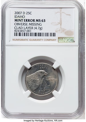image for: 2007-D 25C Idaho Quarter -- Obverse Missing Clad Layer -- MS63 NGC. (4.7g)...