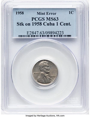 image for: 1958 1C Lincoln Cent -- Struck on 1958 Cuba 1 Cent. -- MS63 PCGS. PCGS Population: (71/518). Mintage 253,400,652....