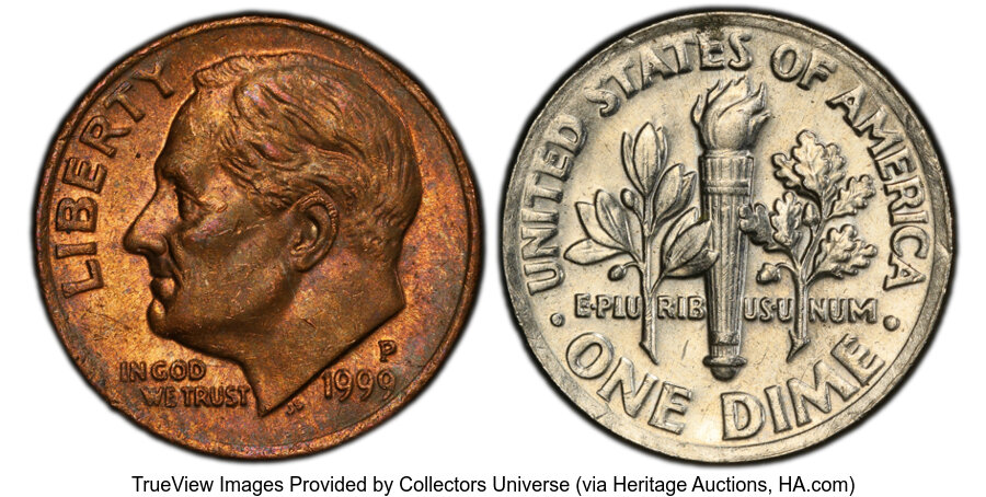 image for: 1999-P 10C Roosevelt Dime -- Obverse Clad Layer Missing -- MS62 PCGS. PCGS Population: (1/334 and 0/0+)....