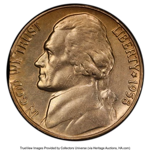 image for: 1958 5C Jefferson Nickel -- Curved Clip -- MS64 PCGS. Mintage 17,000,000....