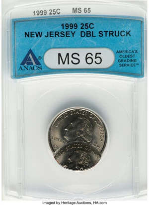 image for: 1999 25C New Jersey Quarter -- Double Struck -- MS65 ANACS....