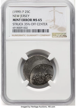 image for: (1999)-P 25C New Jersey Quarter -- Struck 35% Off Center -- MS65 NGC....