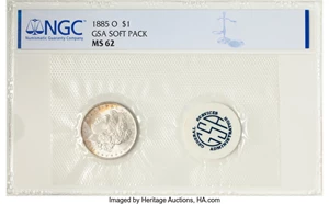 image for: 1885-O $1 GSA Soft Pack MS62 NGC. NGC Census: (0/0). Mintage 9,185,000....