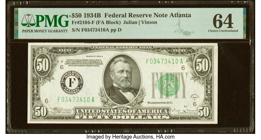 image for: Fr. 2104-F $50 1934B Mule Federal Reserve Note. PMG Choice Uncirculated 64....
