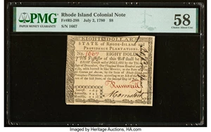 image for: Rhode Island July 2, 1780 $8 PMG Choice About Unc 58....