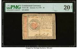 image for: Continental Currency January 14, 1779 $4 PMG Very Fine 20 Net....