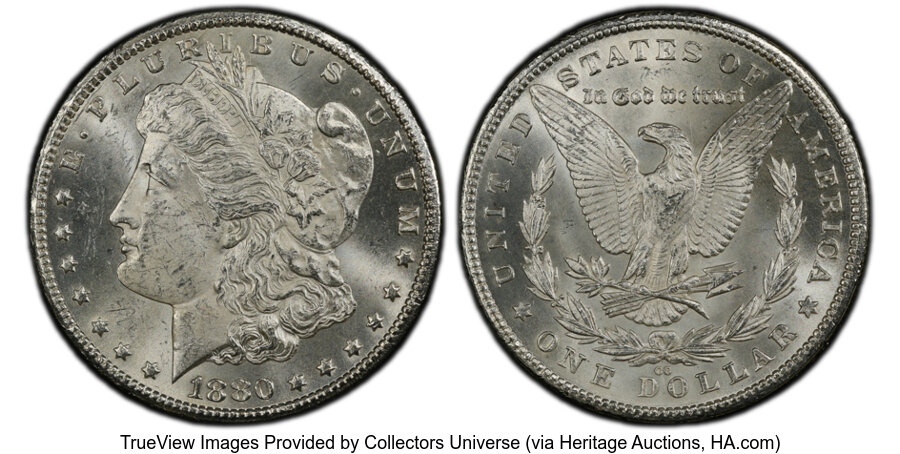 image for: 1880-CC $1 8 Over Low 7, VAM-6, MS63 PCGS.  A Top 100 Variety. PCGS Population: (29/48 and 0/5+)....