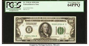 image for: Fr. 2150-K $100 1928 Federal Reserve Note. PCGS Very Choice New 64PPQ....
