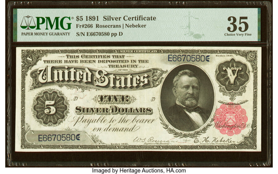 image for: Fr. 266 $5 1891 Silver Certificate PMG Choice Very Fine 35....