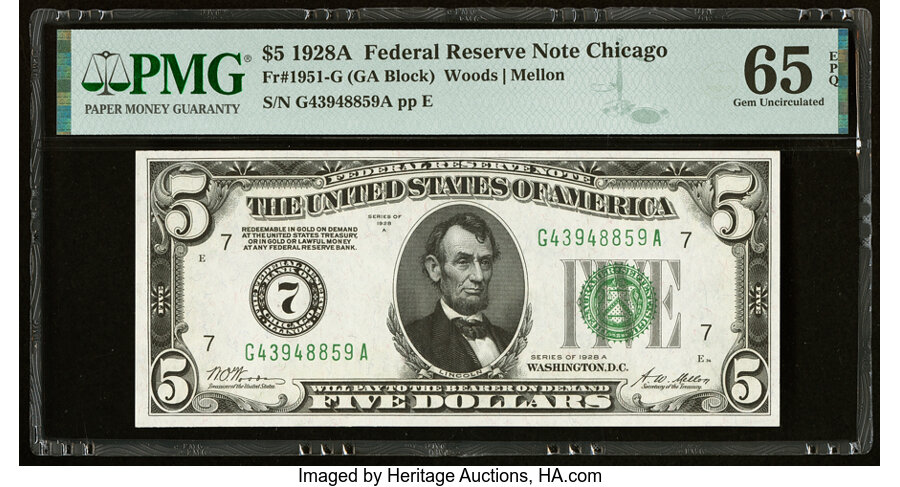 image for: Fr. 1951-G $5 1928A Federal Reserve Note. PMG Gem Uncirculated 65 EPQ....