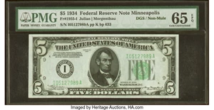 image for: Fr. 1955-I $5 1934 Non-Mule Federal Reserve Note. PMG Gem Uncirculated 65 EPQ....