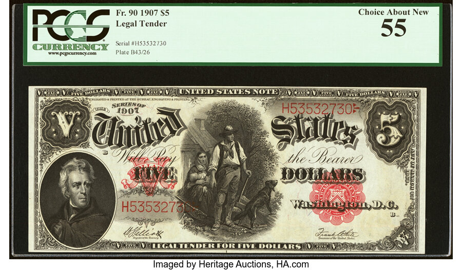 image for: Fr. 90 $5 1907 Legal Tender PCGS Choice About New 55....