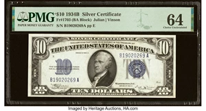 image for: Fr. 1703 $10 1934B Silver Certificate. PMG Choice Uncirculated 64....